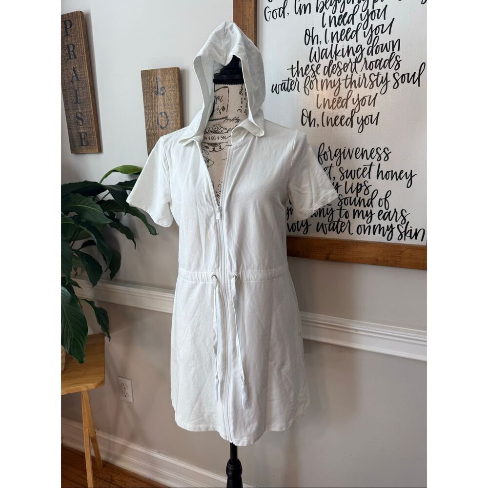 d&co. Beach Womens Front Zip Drawstring Tassel Hooded Swim Dress White XS Petite